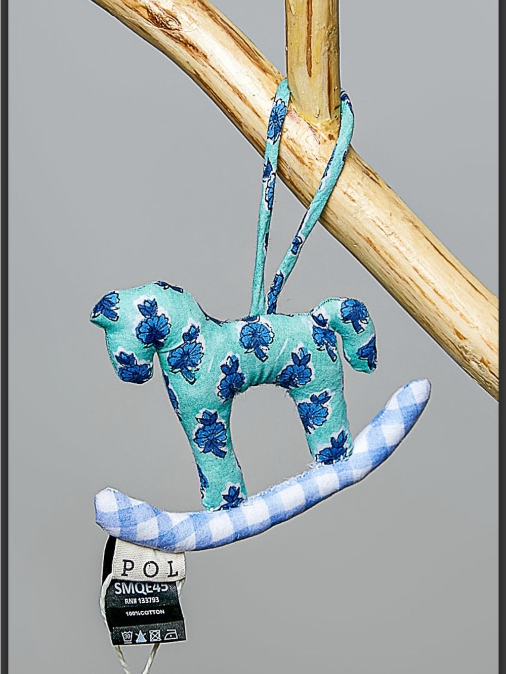 POL Fabric Rocking Horse Ornament - Blue Floral. Hand Blocked Printing